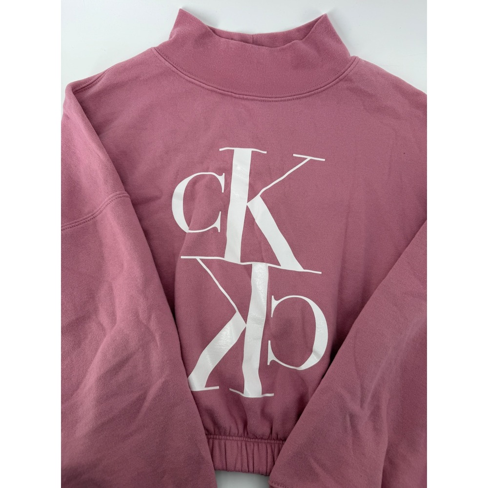 Calvin Klein Jeans Womens Pink Cropped Mock Neck Logo Sweatshirt Medium 1478